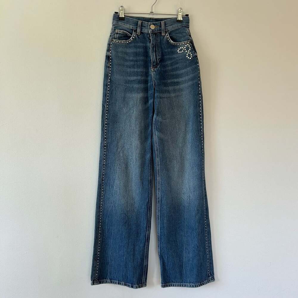 Zara Stud Embellished High Waist Wide Leg Jeans XXS